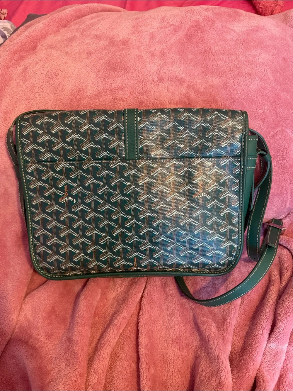 Goyard Green Goyardine Messenger Bag with Signature Chevron Print
